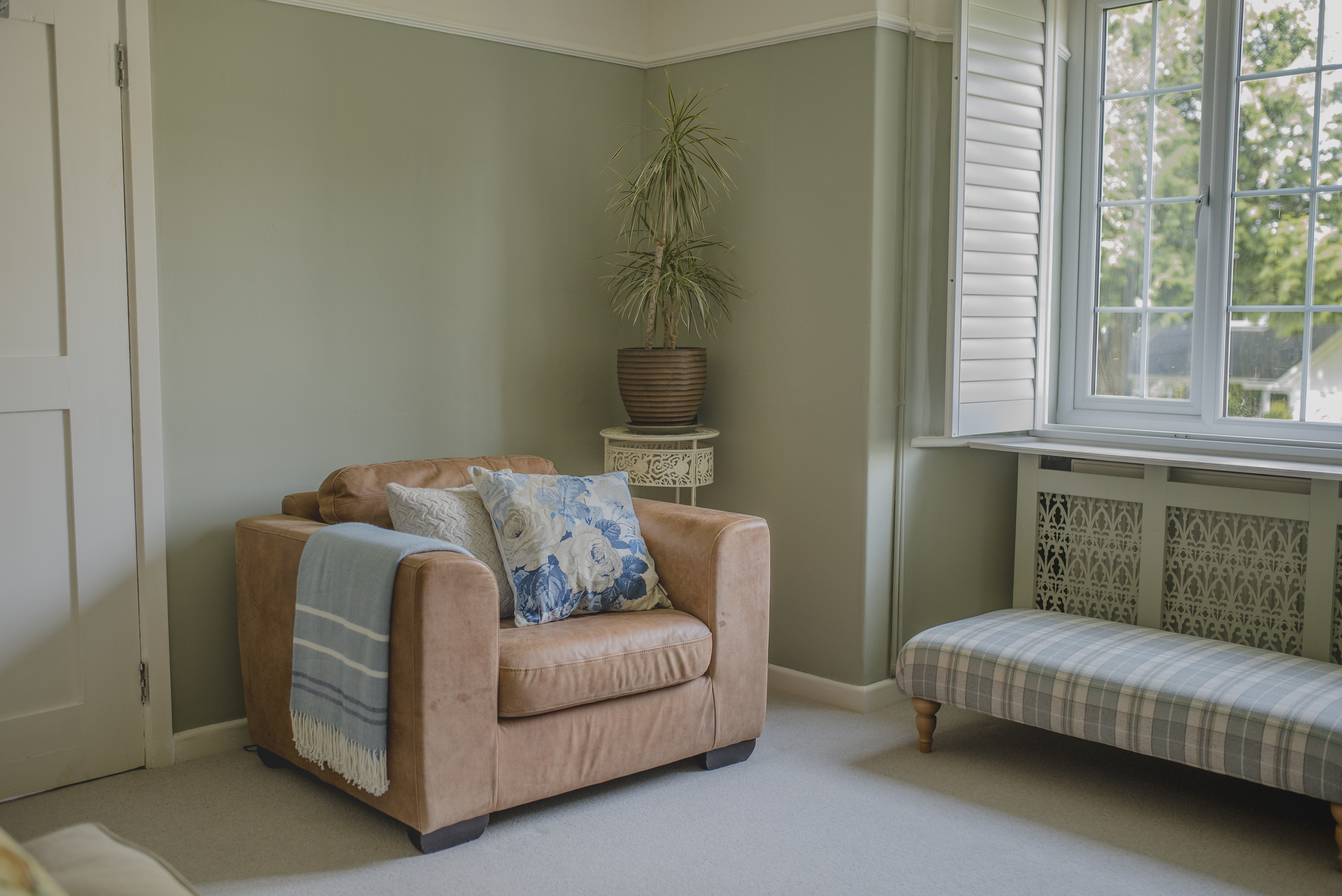 A room painted in a calming soft green colour.