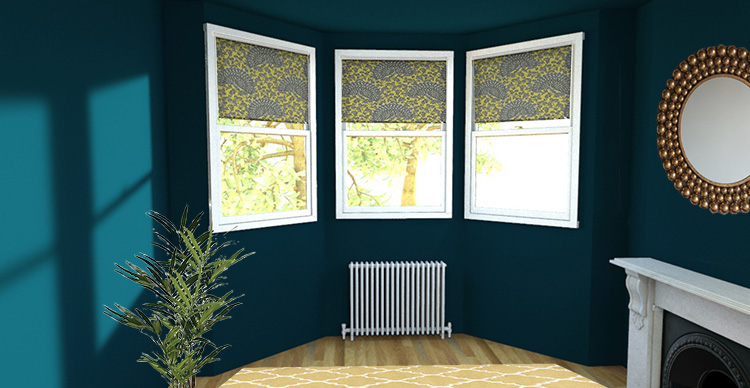 a picture of a bay window with roller blinds on each window