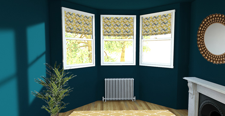 a picture of a bay window with Roman blinds at each window