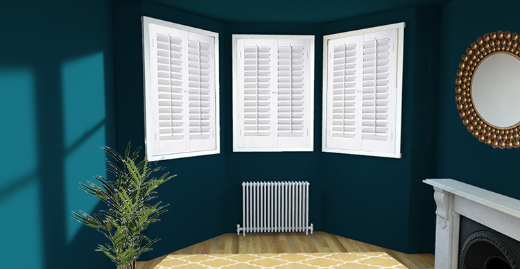 a picture of a bay window with shutters on each window