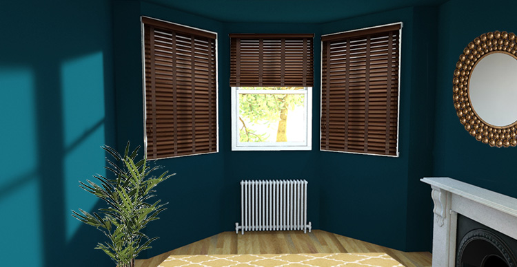 A picture of a bay window with wooden Venetian blinds at each window