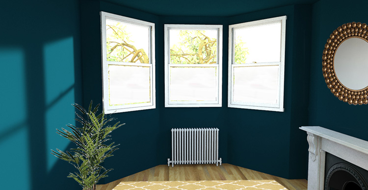 A picture of a bay window with window film on the lower half of each window.
