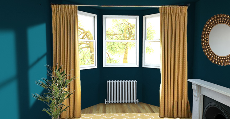 A picture of a pair of curtains hung straight across a bay window