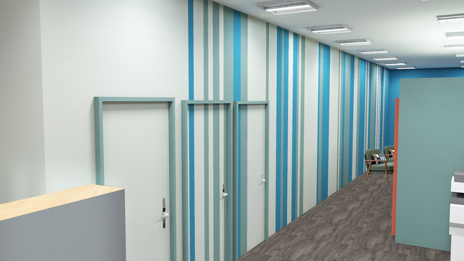 A computer generated image of the striped wall leading to the reception area.