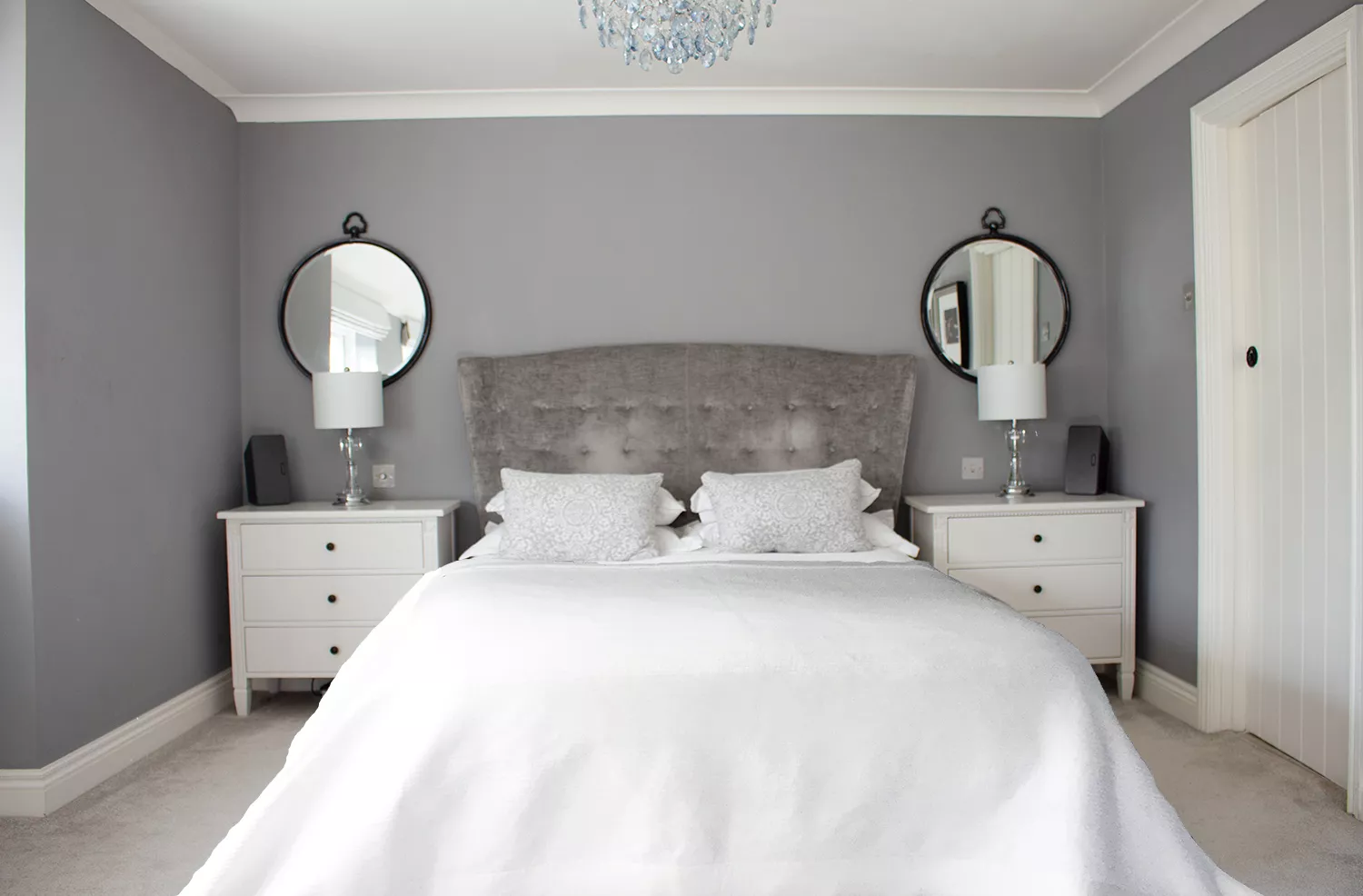 A photo of a grey painted bedroom with a white ceiling.