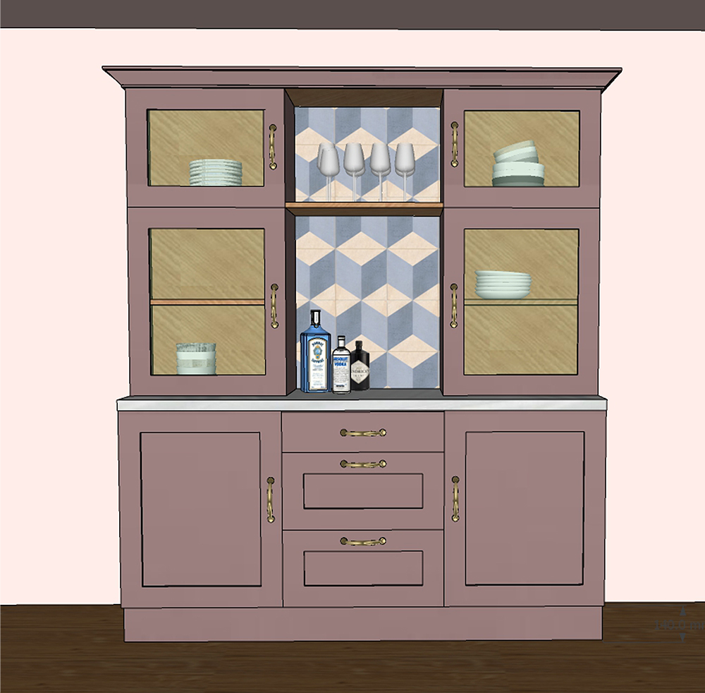 A model of the dresser I designed to add more storage to the kitchen.